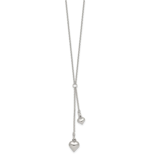 Sterling Silver Polished Two Heart 16 inch Lariat Necklace