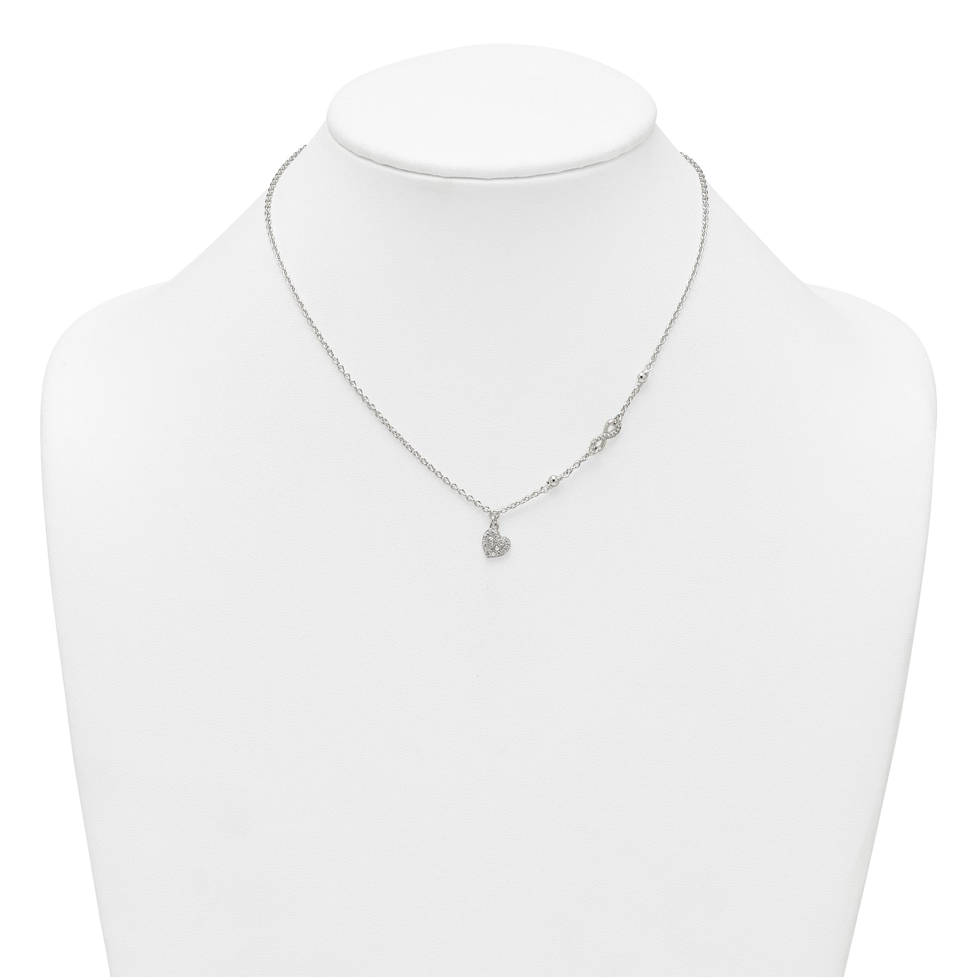 Sterling Silver Polished Beaded White CZ Infinity and Heart 16 inch with 2 inch Extension Necklace