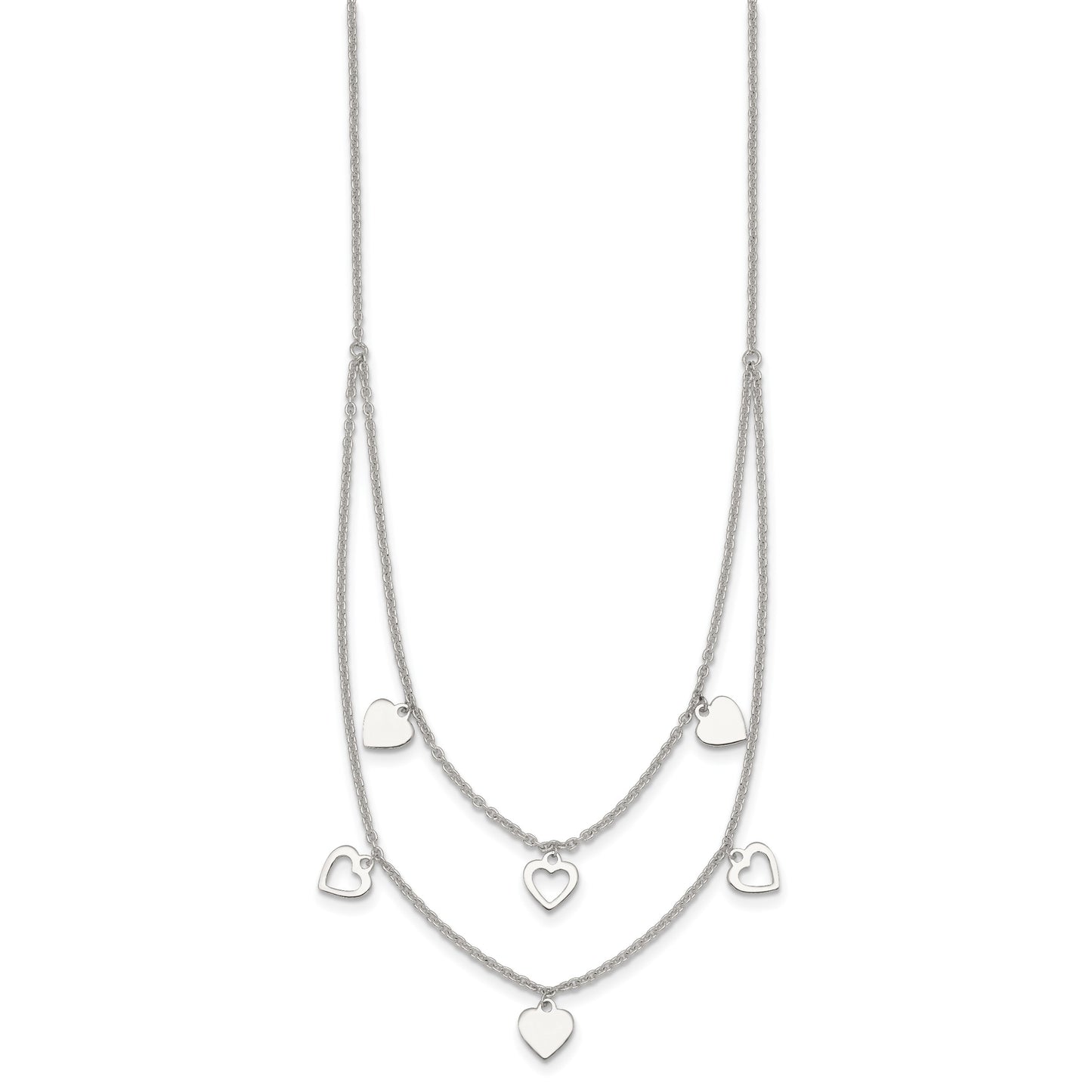 Sterling Silver Polished Double Strand Heart Station 15.75 inch Necklace