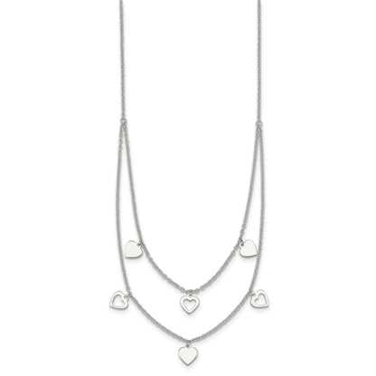 Sterling Silver Polished Double Strand Heart Station 15.75 inch Necklace