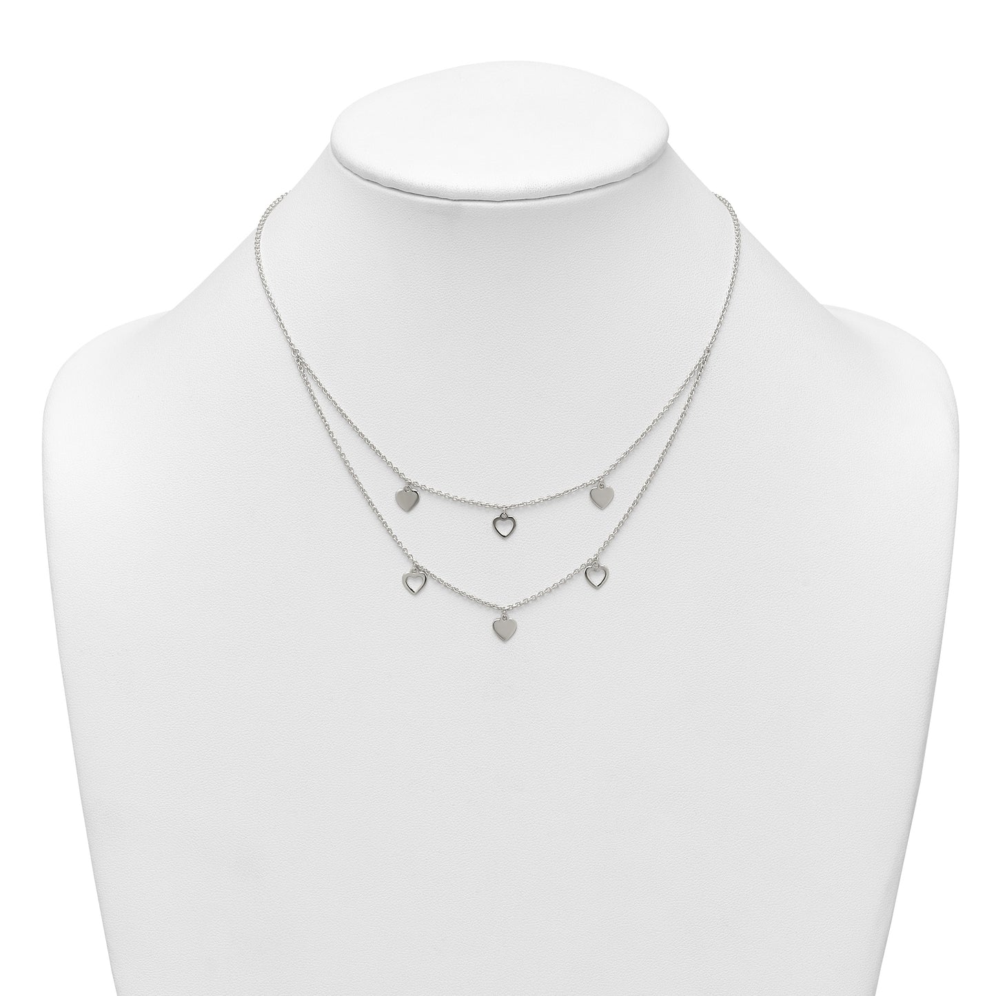 Sterling Silver Polished Double Strand Heart Station 15.75 inch Necklace