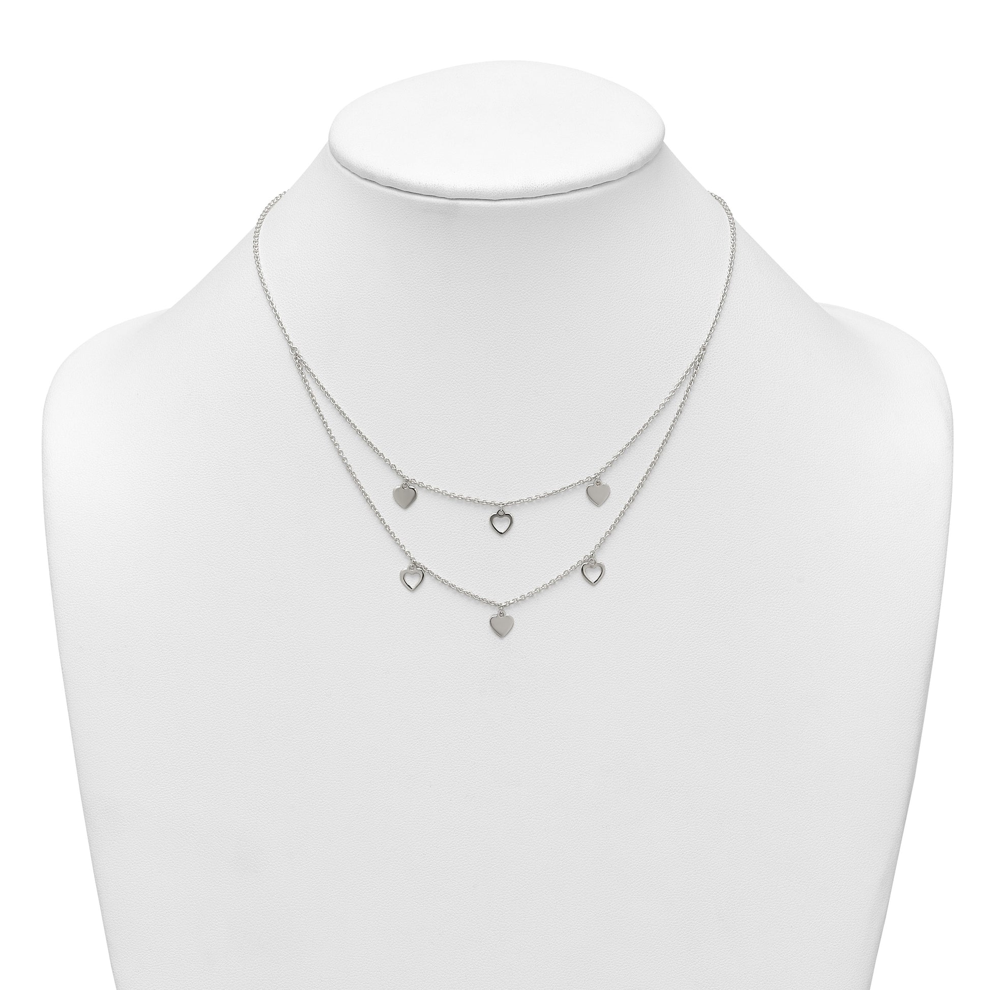 Sterling Silver Polished Double Strand Heart Station 15.75 inch Necklace