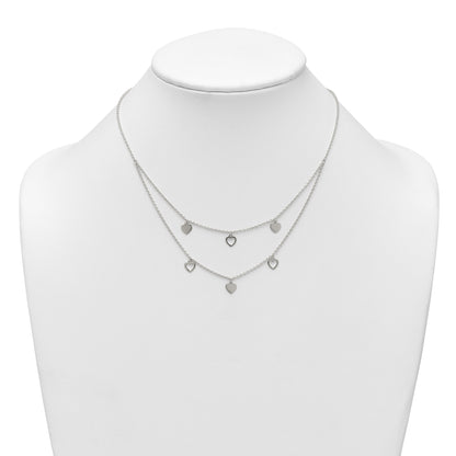 Sterling Silver Polished Double Strand Heart Station 15.75 inch Necklace