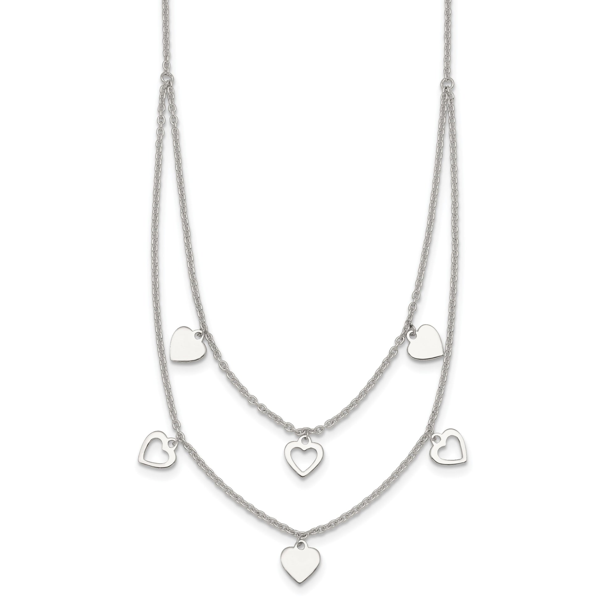 Sterling Silver Polished Double Strand Heart Station 15.75 inch Necklace