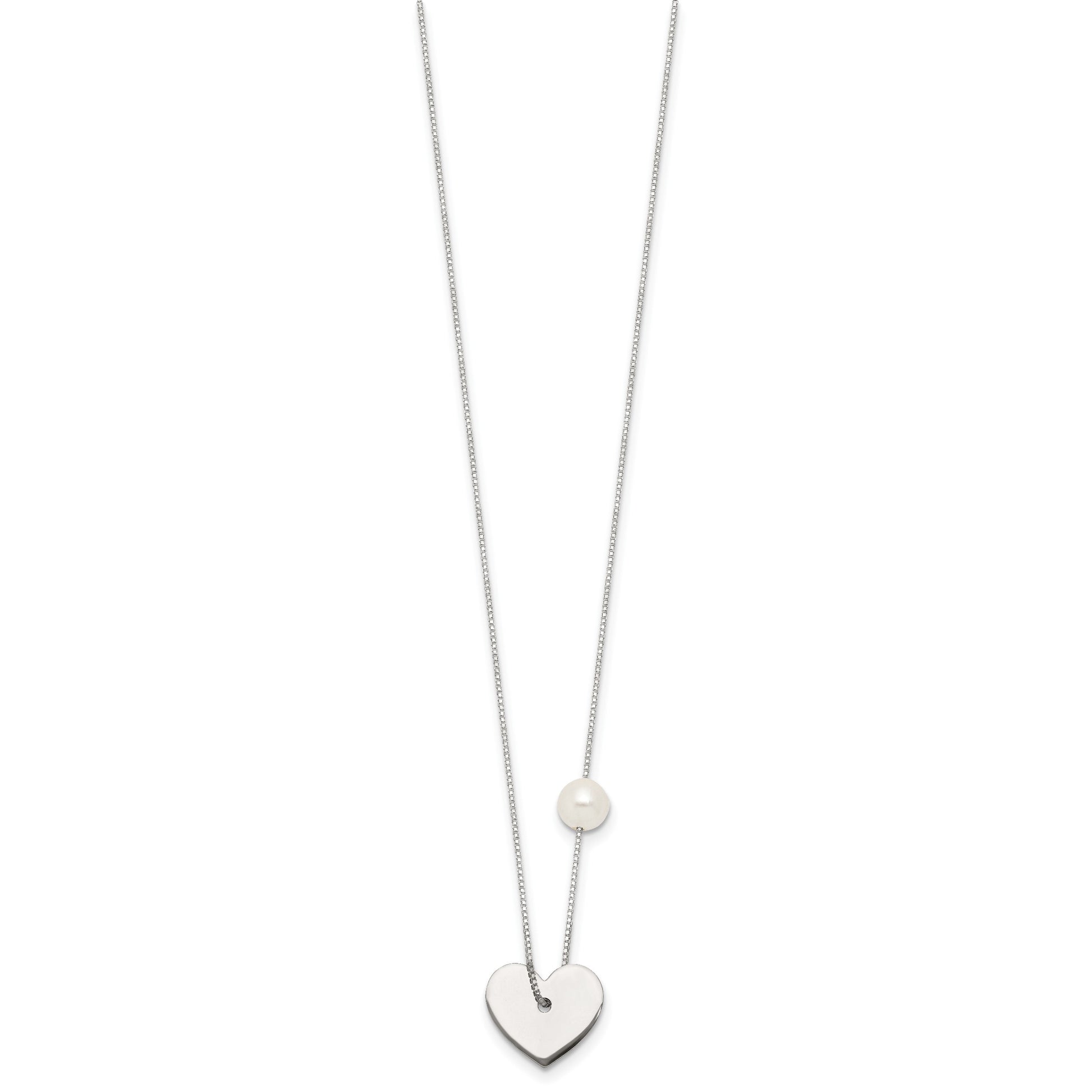 Sterling Silver Polished Heart and Glass Pearl 16 inch Necklace