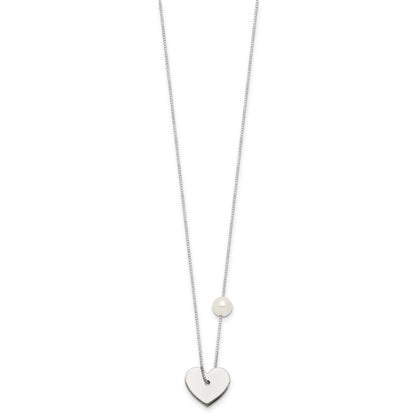 Sterling Silver Polished Heart and Glass Pearl 16 inch Necklace