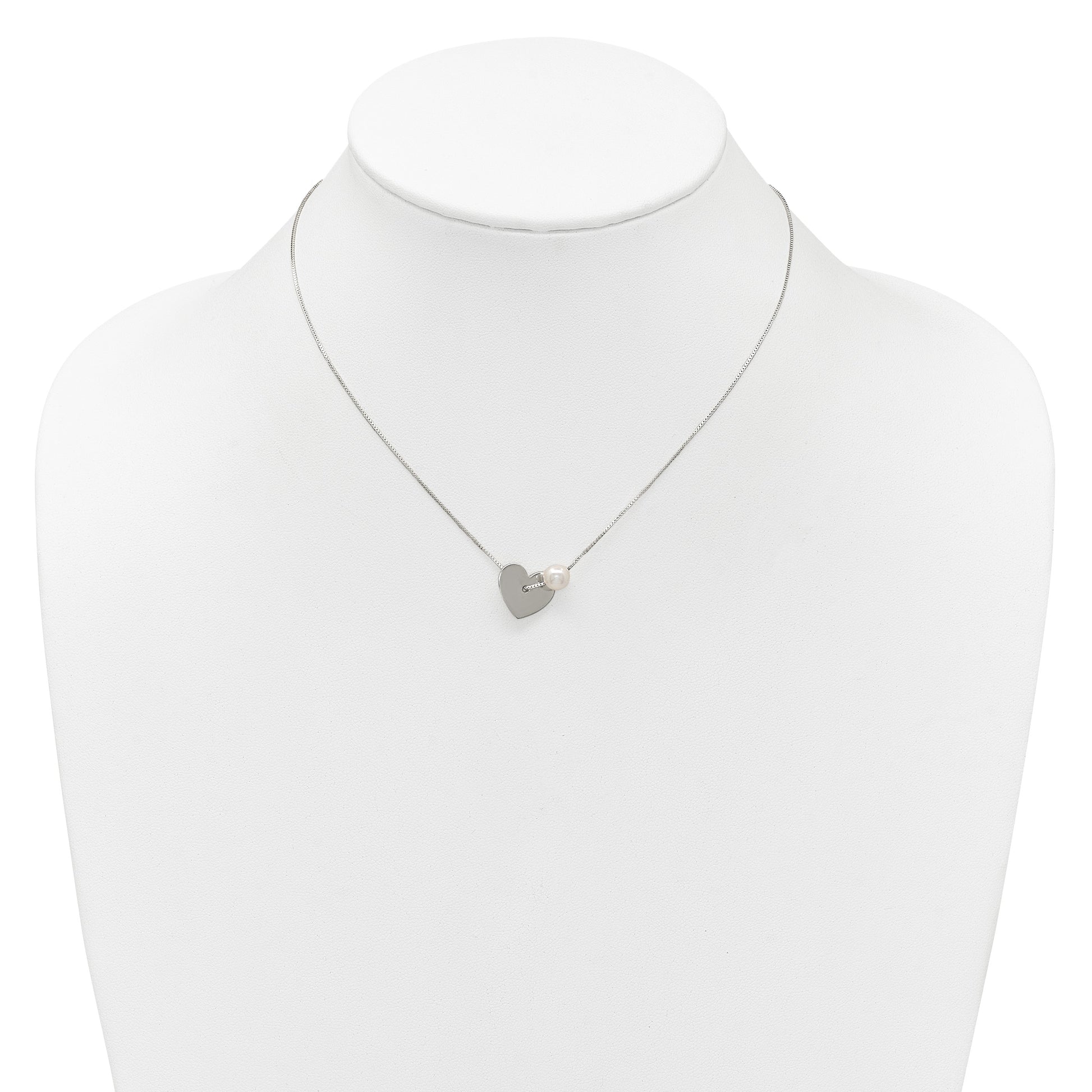 Sterling Silver Polished Heart and Glass Pearl 16 inch Necklace