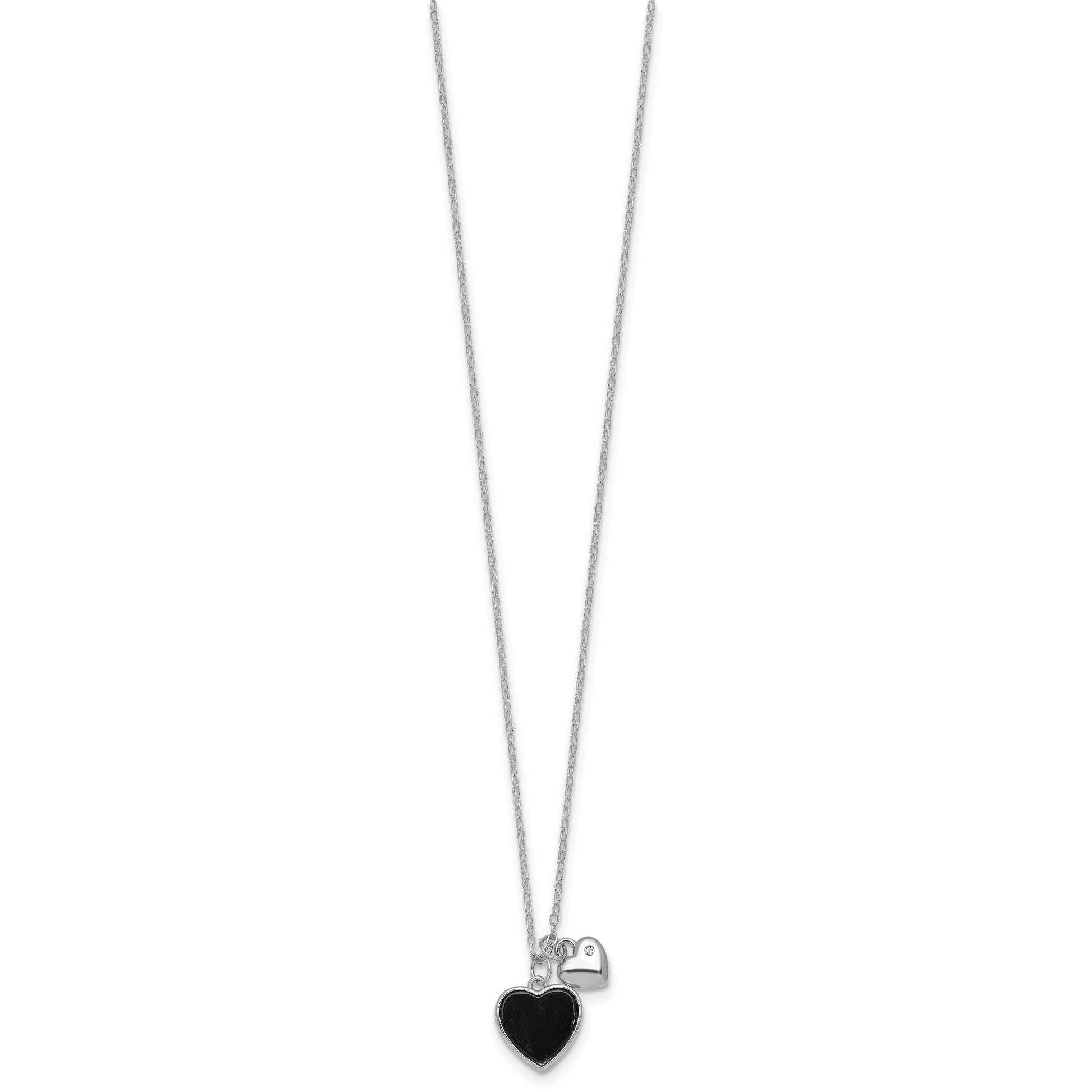 Sterling Silver Rhodium-plated Polished Onyx and CZ Hearts 14 Inch with 3 Inch Extension Children's Necklace