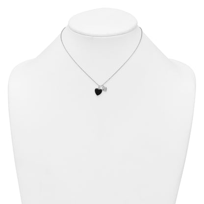 Sterling Silver Rhodium-plated Polished Onyx and CZ Hearts 14 Inch with 3 Inch Extension Children's Necklace