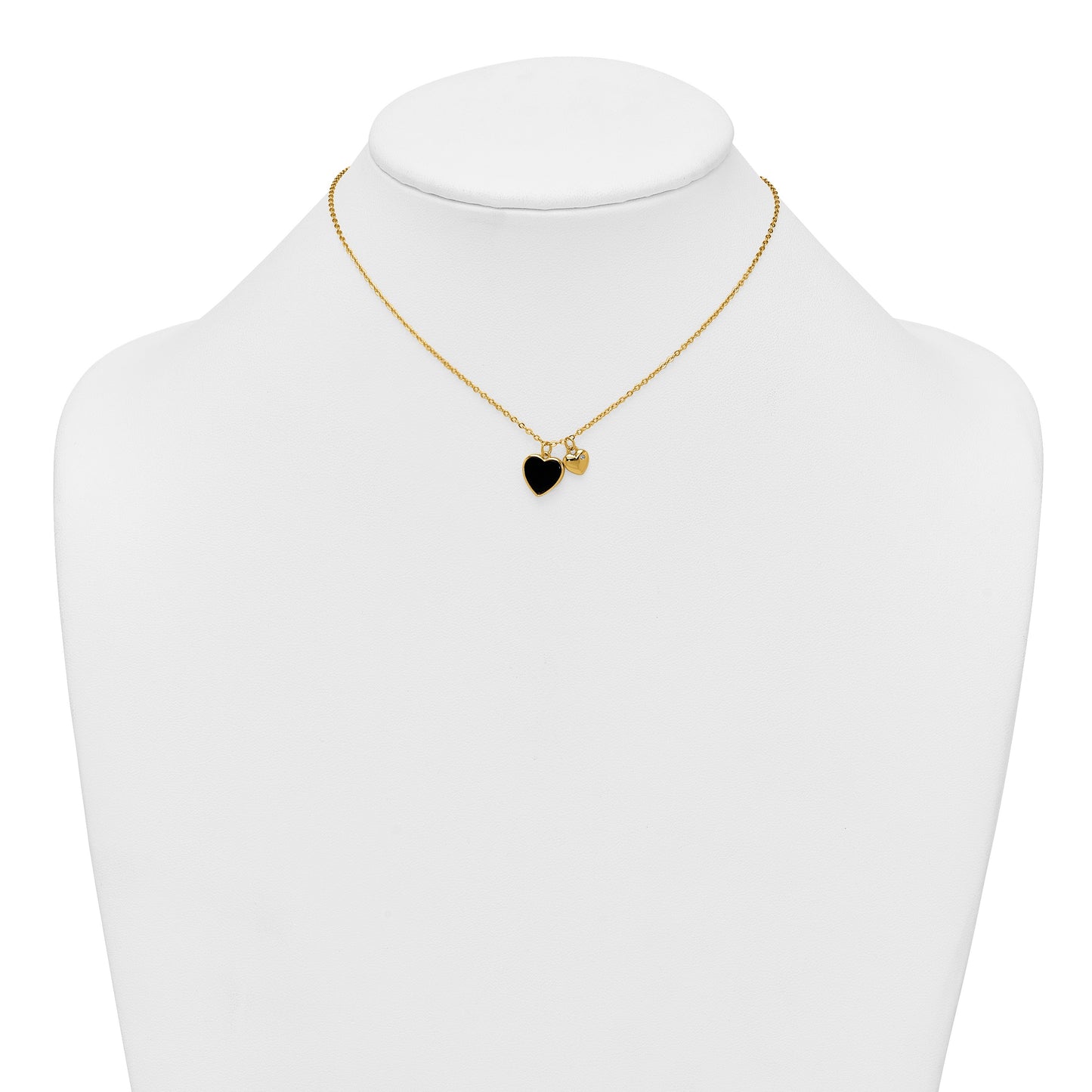 Sterling Silver Gold-tone Polished Onyx and CZ Hearts 14 Inch with 3 Inch Extension Children's Necklace