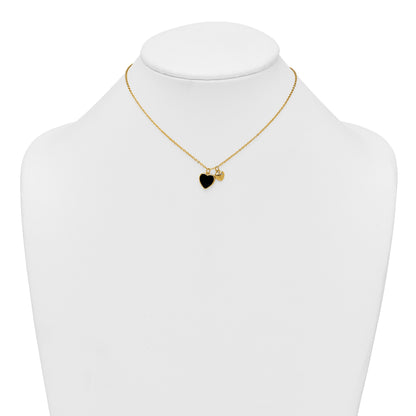 Sterling Silver Gold-tone Polished Onyx and CZ Hearts 14 Inch with 3 Inch Extension Children's Necklace