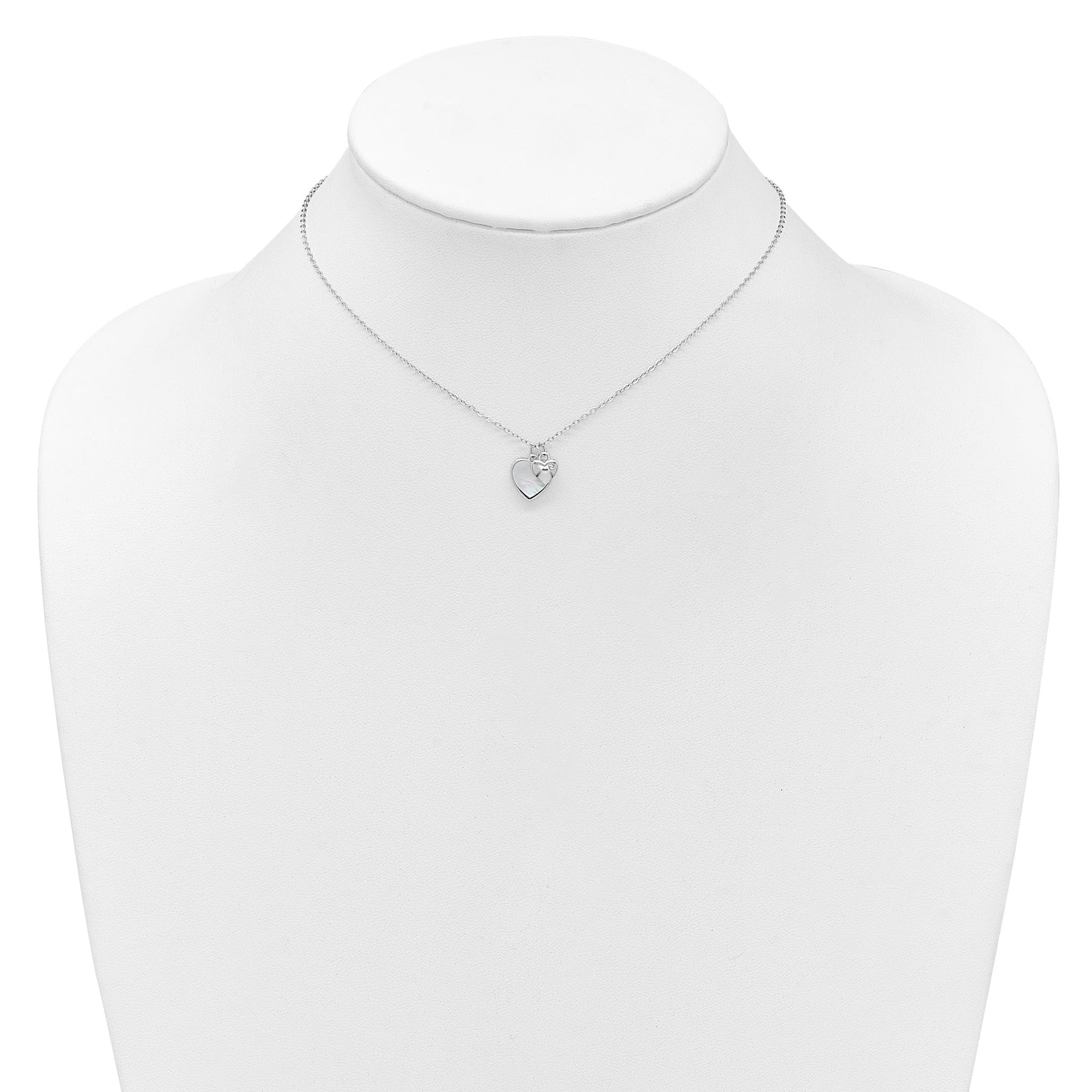 Sterling Silver Rhodium-plated Polished Mother of Pearl and CZ Hearts 14 Inch with 3 Inch Extension Children's Necklace
