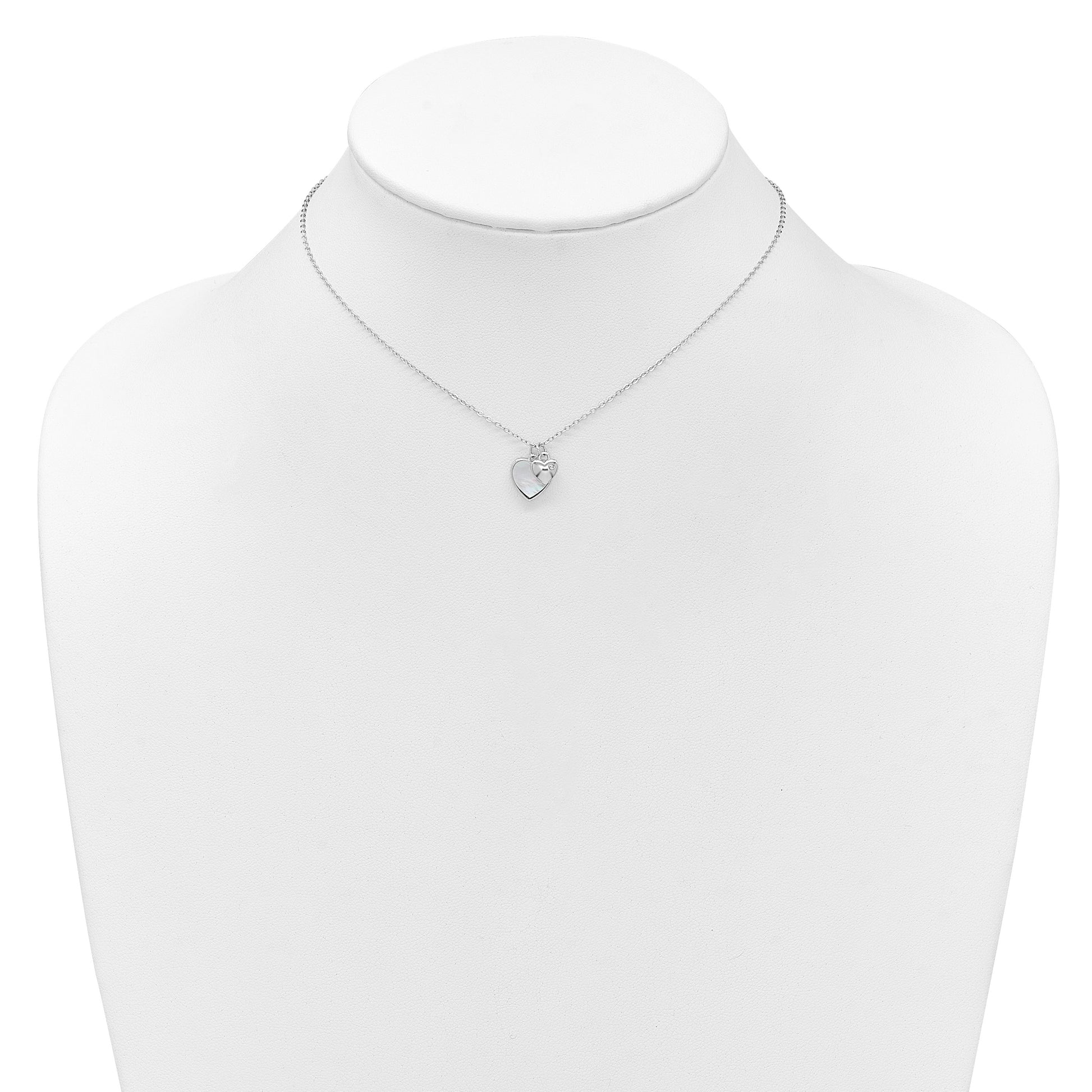 Sterling Silver Rhodium-plated Polished Mother of Pearl and CZ Hearts 14 Inch with 3 Inch Extension Children's Necklace