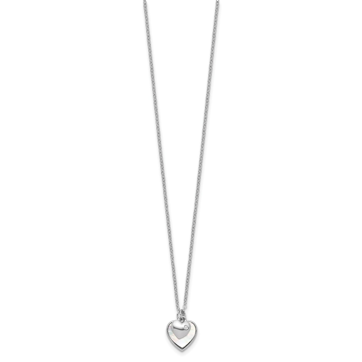 Sterling Silver Rhodium-plated Polished Mother of Pearl and CZ Hearts 14 Inch with 3 Inch Extension Children's Necklace
