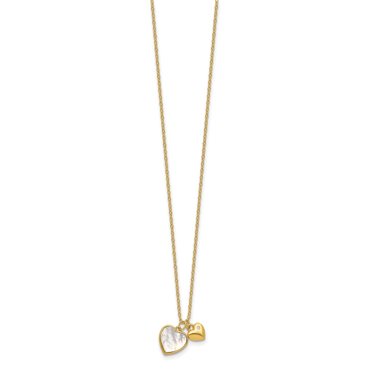Sterling Silver Gold-plated Polished Mother of Pearl and CZ Hearts 14 Inch with 3 Inch Extension Children's Necklace