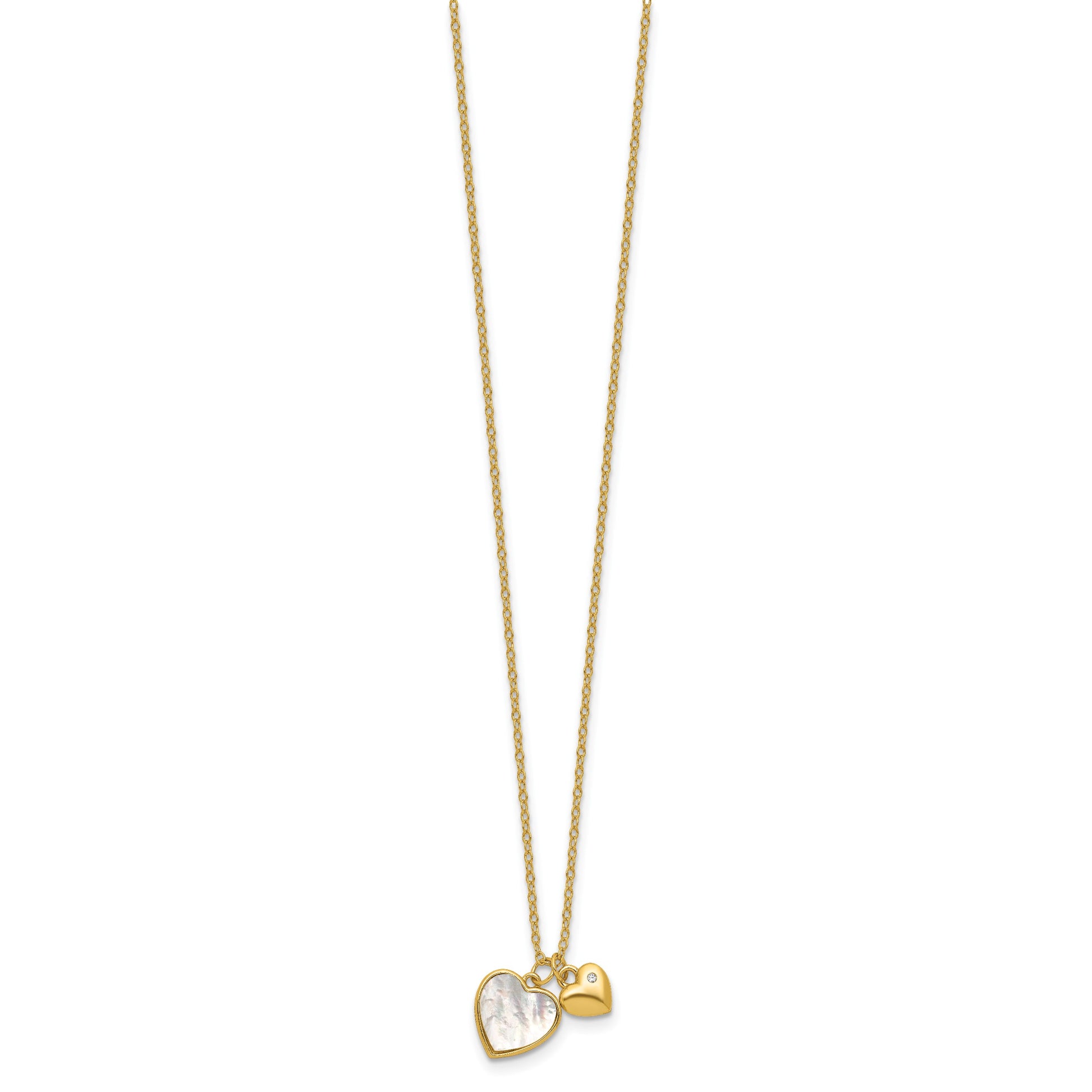 Sterling Silver Gold-plated Polished Mother of Pearl and CZ Hearts 14 Inch with 3 Inch Extension Children's Necklace