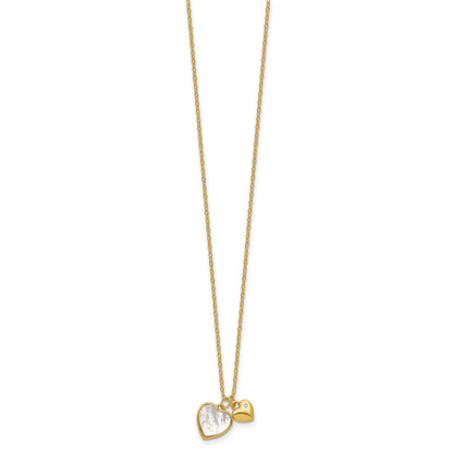 Sterling Silver Gold-plated Polished Mother of Pearl and CZ Hearts 14 Inch with 3 Inch Extension Children's Necklace