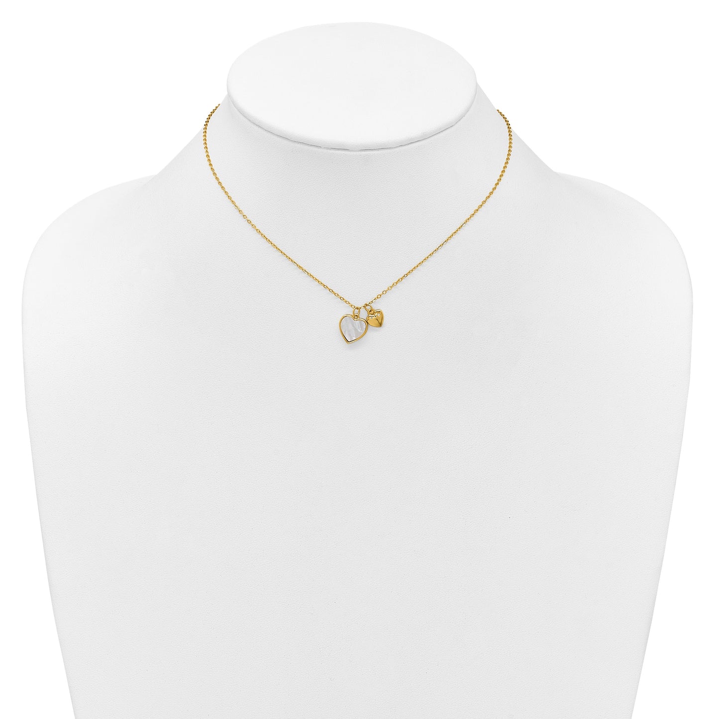 Sterling Silver Gold-plated Polished Mother of Pearl and CZ Hearts 14 Inch with 3 Inch Extension Children's Necklace