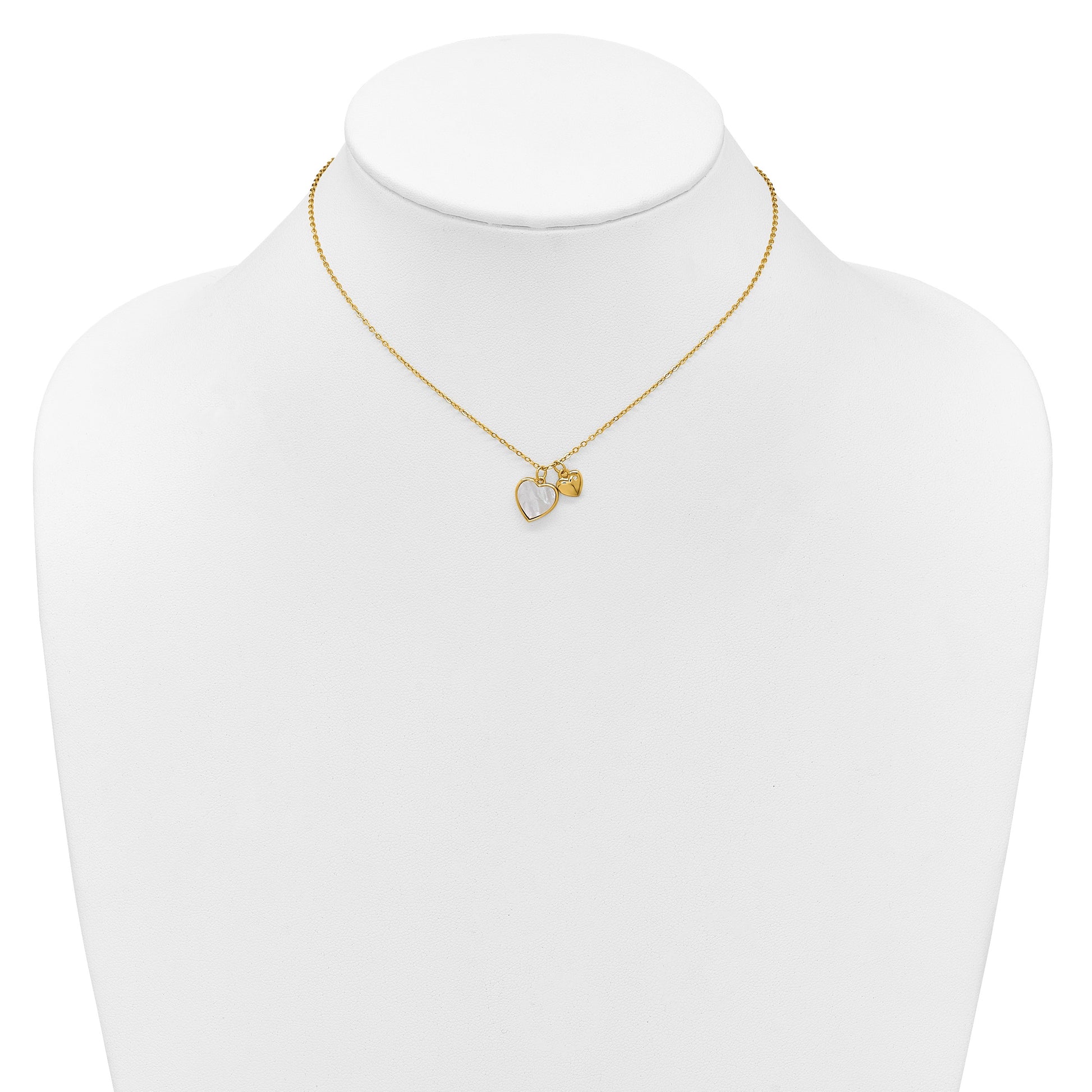 Sterling Silver Gold-plated Polished Mother of Pearl and CZ Hearts 14 Inch with 3 Inch Extension Children's Necklace
