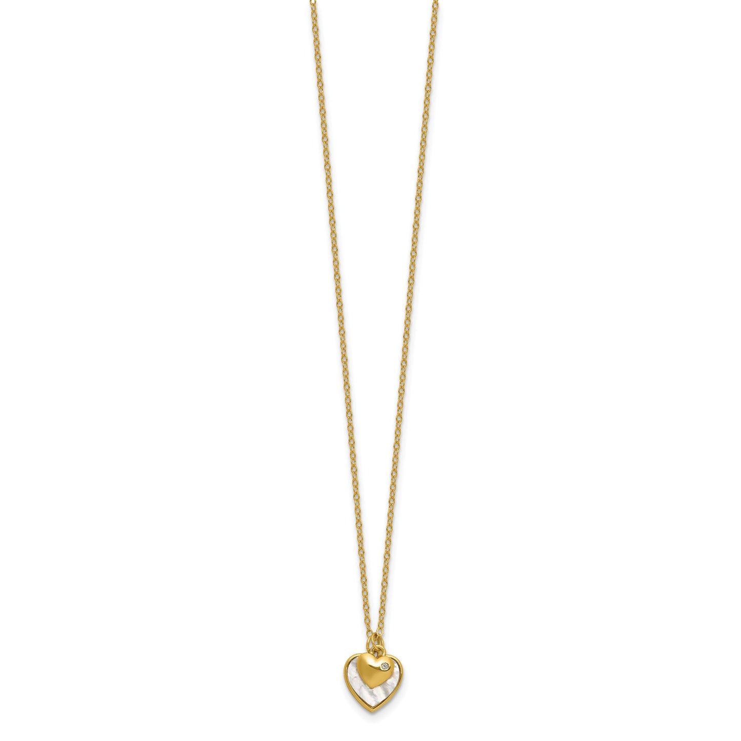 Sterling Silver Gold-plated Polished Mother of Pearl and CZ Hearts 14 Inch with 3 Inch Extension Children's Necklace