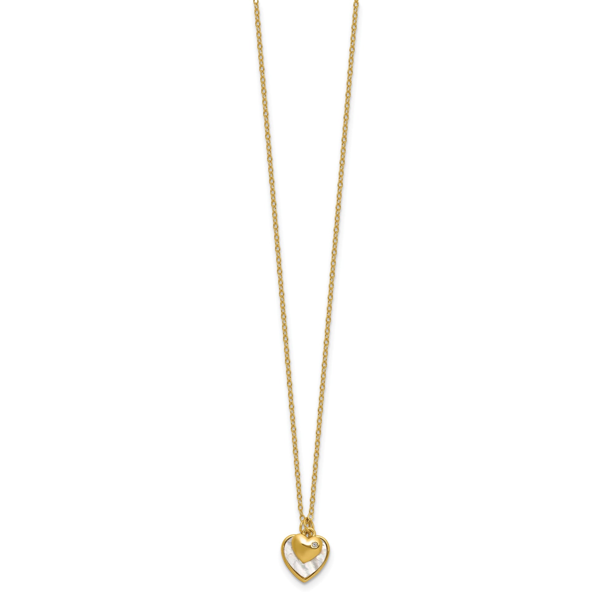 Sterling Silver Gold-plated Polished Mother of Pearl and CZ Hearts 14 Inch with 3 Inch Extension Children's Necklace