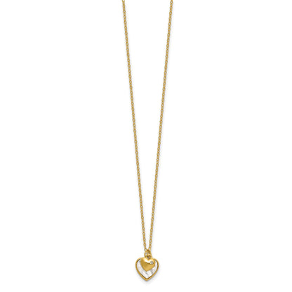 Sterling Silver Gold-plated Polished Mother of Pearl and CZ Hearts 14 Inch with 3 Inch Extension Children's Necklace