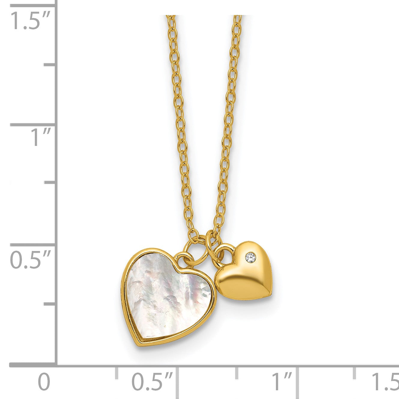 Sterling Silver Gold-plated Polished Mother of Pearl and CZ Hearts 14 Inch with 3 Inch Extension Children's Necklace