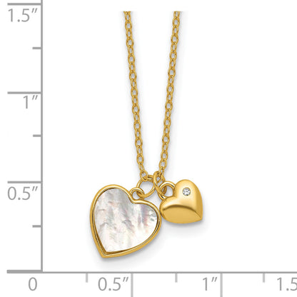 Sterling Silver Gold-plated Polished Mother of Pearl and CZ Hearts 14 Inch with 3 Inch Extension Children's Necklace