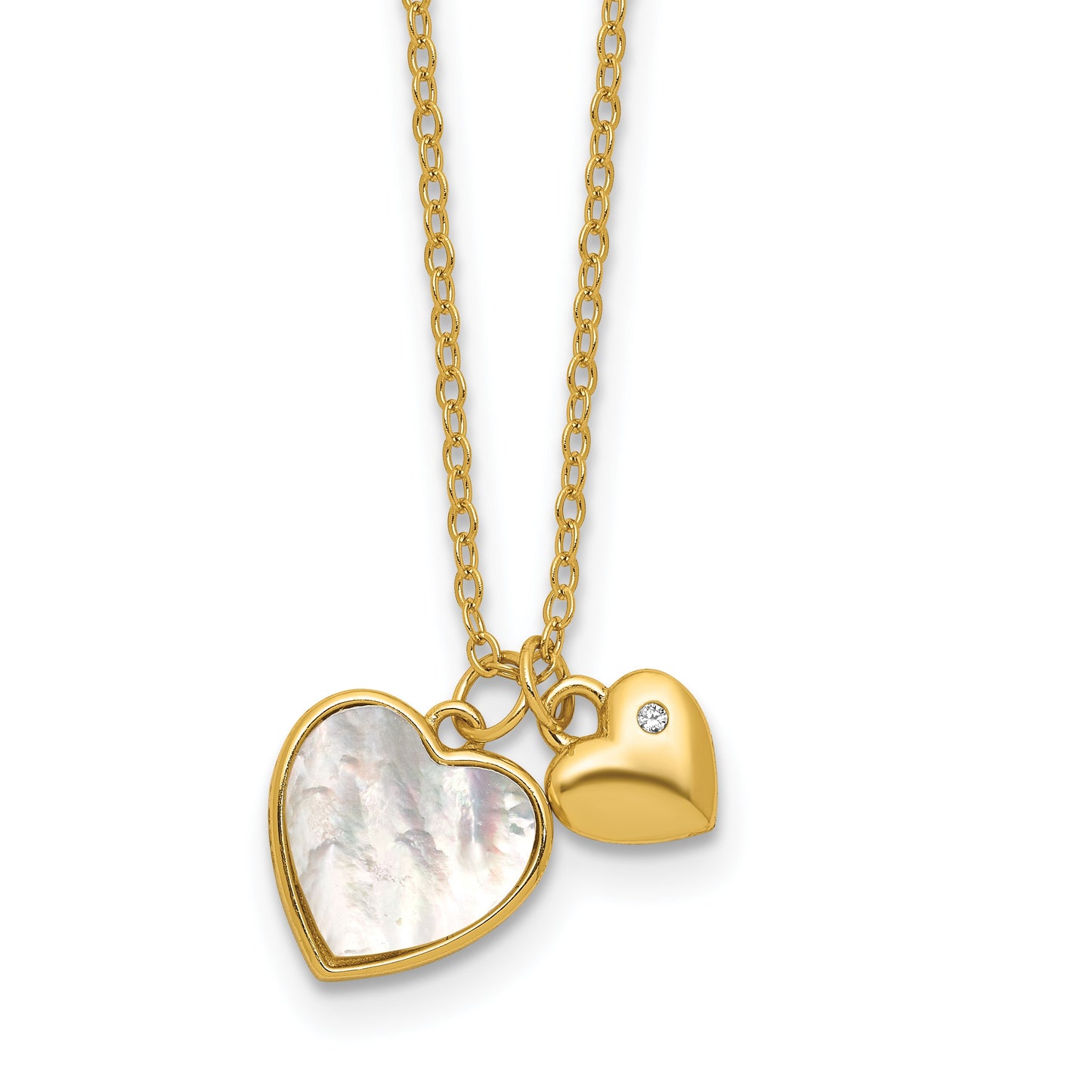 Sterling Silver Gold-plated Polished Mother of Pearl and CZ Hearts 14 Inch with 3 Inch Extension Children's Necklace