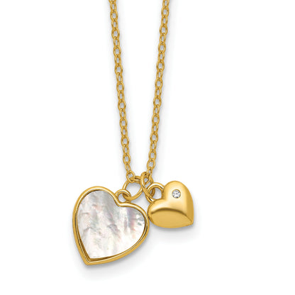 Sterling Silver Gold-plated Polished Mother of Pearl and CZ Hearts 14 Inch with 3 Inch Extension Children's Necklace