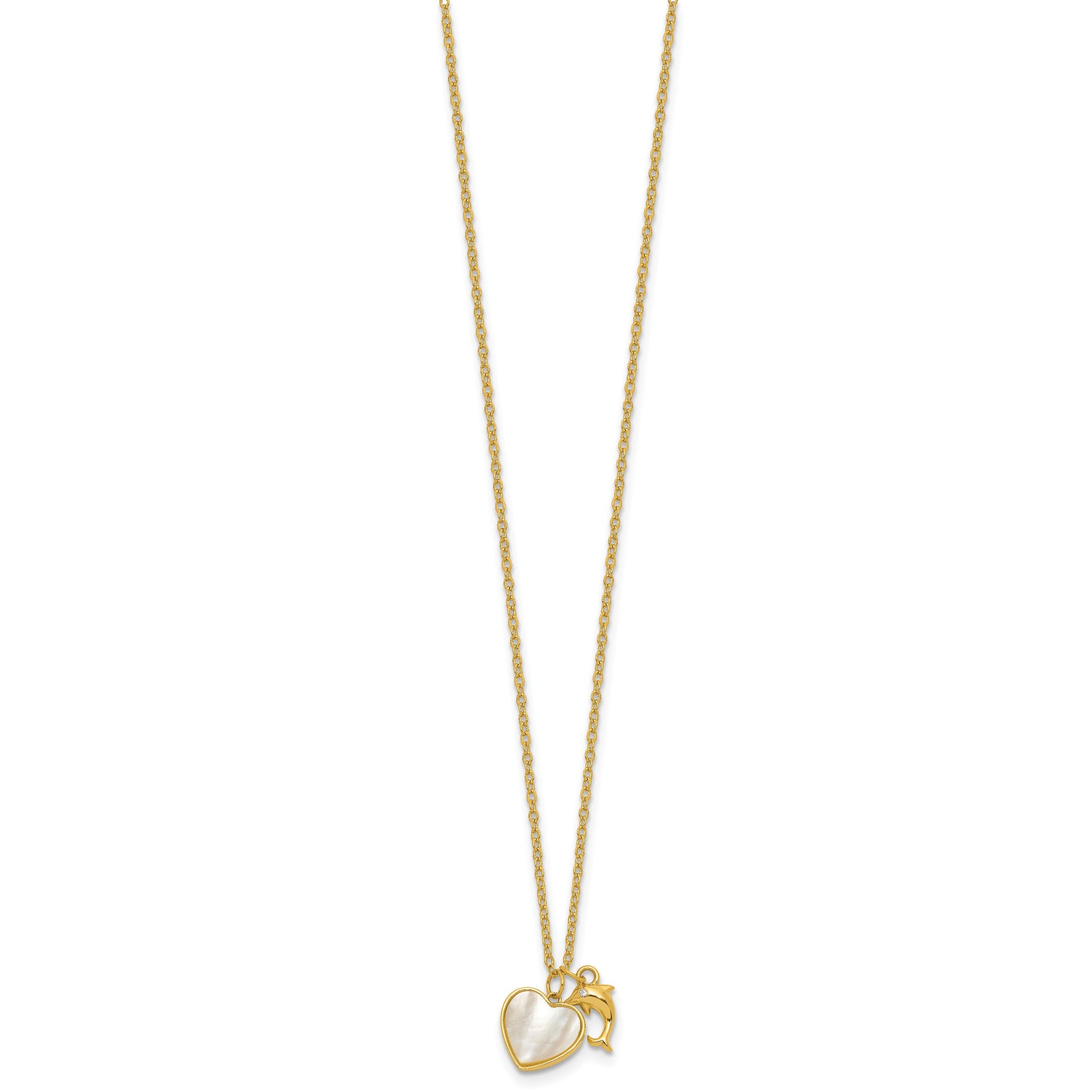 Sterling Silver Gold-tone Polished Mother of Pearl and CZ Heart and Dolphin 16 Inch with 2 Inch Extension Necklace