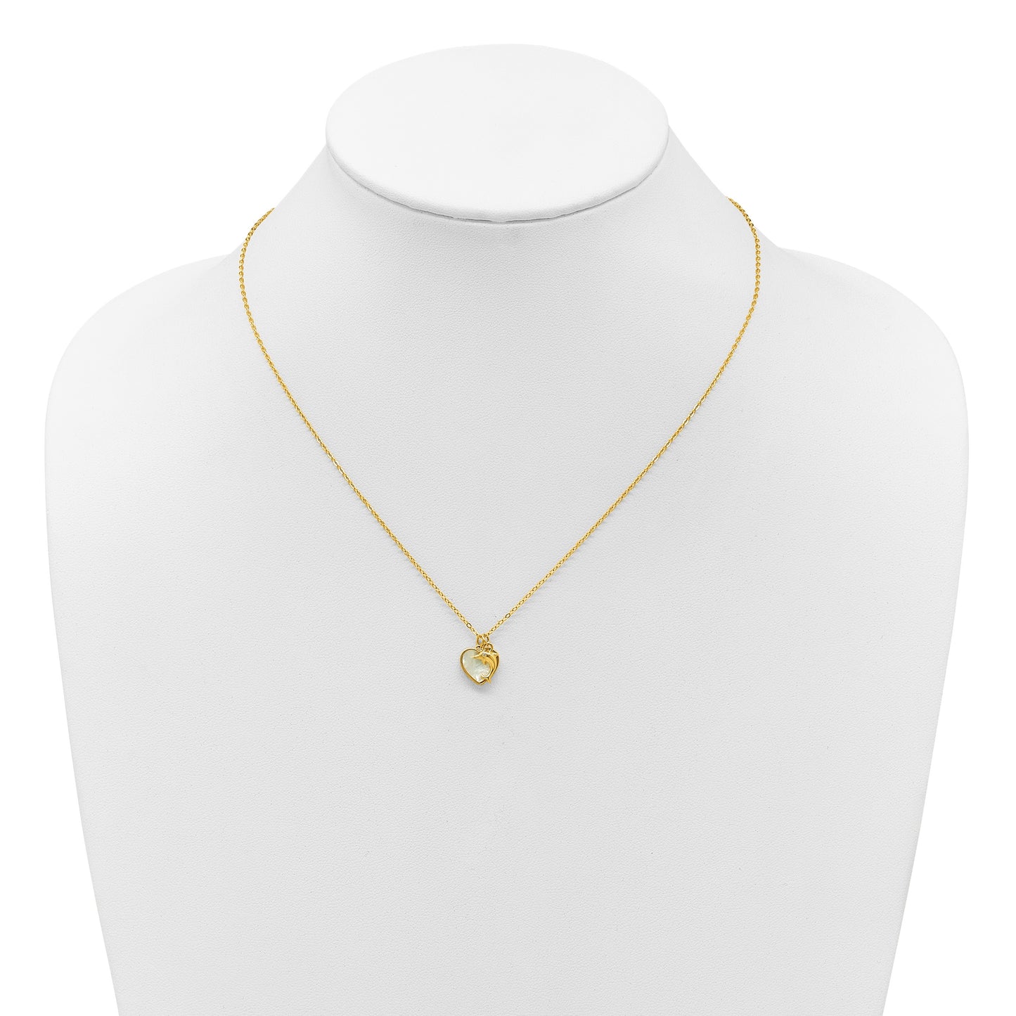 Sterling Silver Gold-tone Polished Mother of Pearl and CZ Heart and Dolphin 16 Inch with 2 Inch Extension Necklace