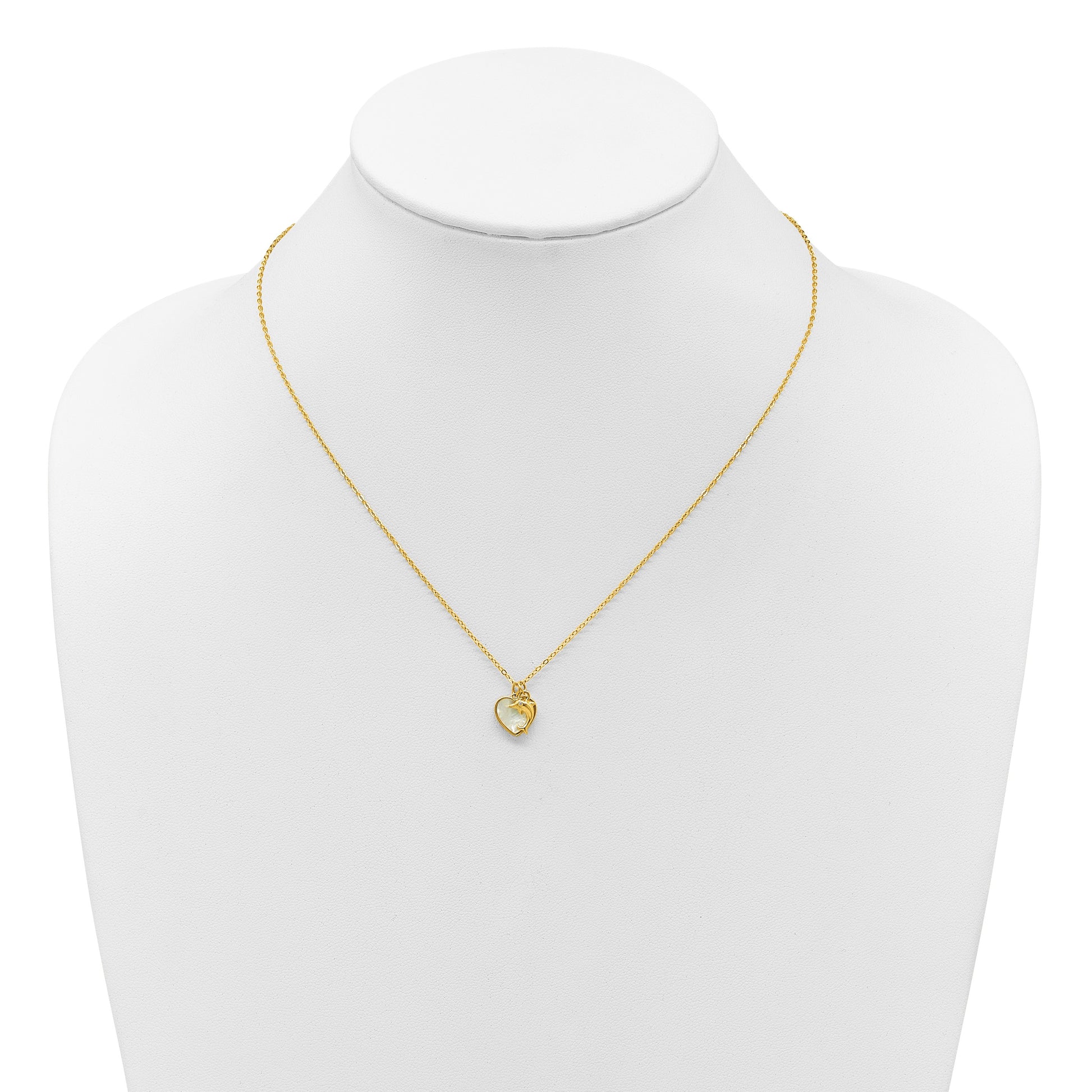Sterling Silver Gold-tone Polished Mother of Pearl and CZ Heart and Dolphin 16 Inch with 2 Inch Extension Necklace