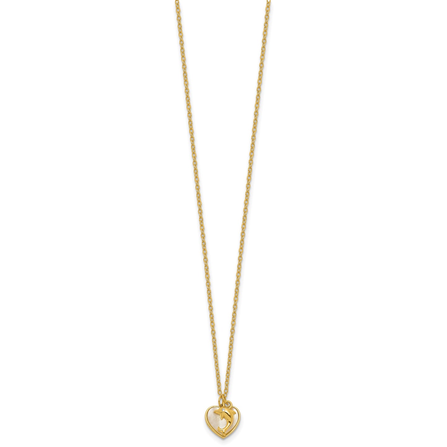 Sterling Silver Gold-tone Polished Mother of Pearl and CZ Heart and Dolphin 16 Inch with 2 Inch Extension Necklace