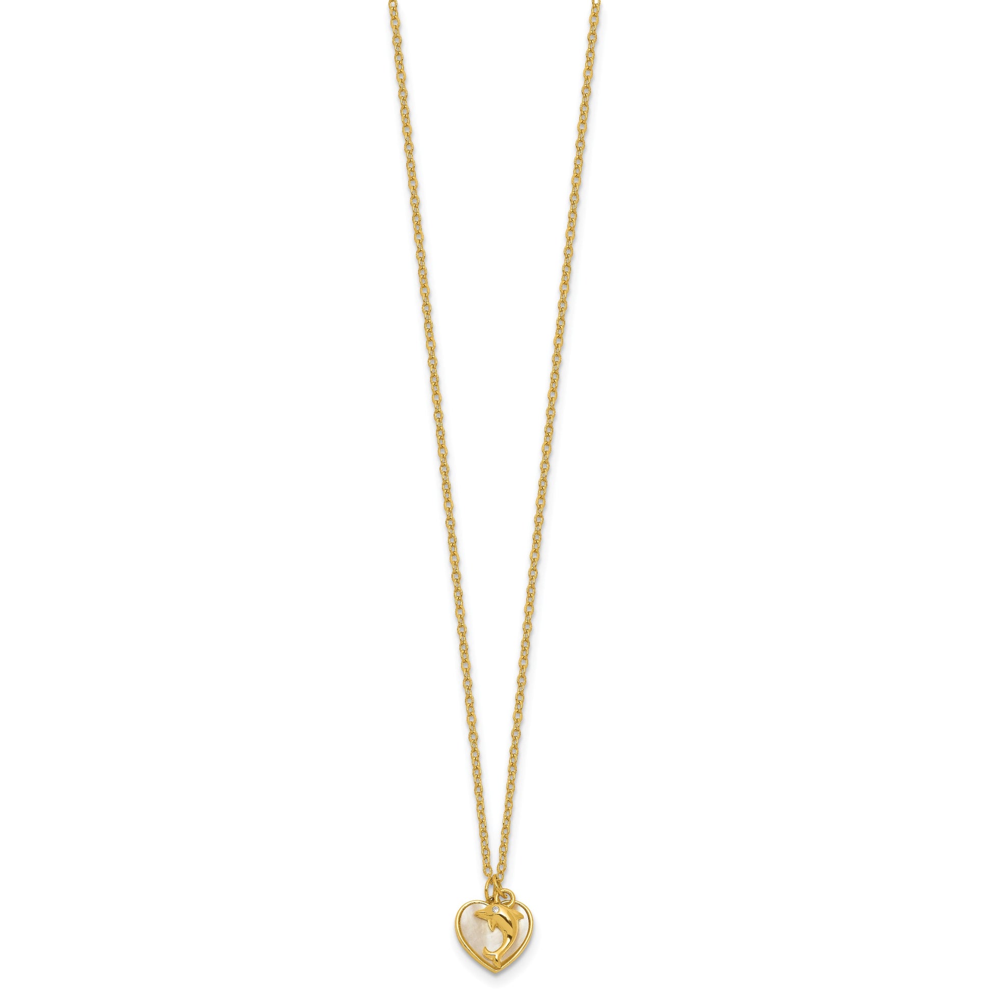 Sterling Silver Gold-tone Polished Mother of Pearl and CZ Heart and Dolphin 16 Inch with 2 Inch Extension Necklace