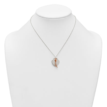 Sterling Silver with Rose-tone Polished White CZ Heart and Shooting Star Dangle 16 inch Necklace