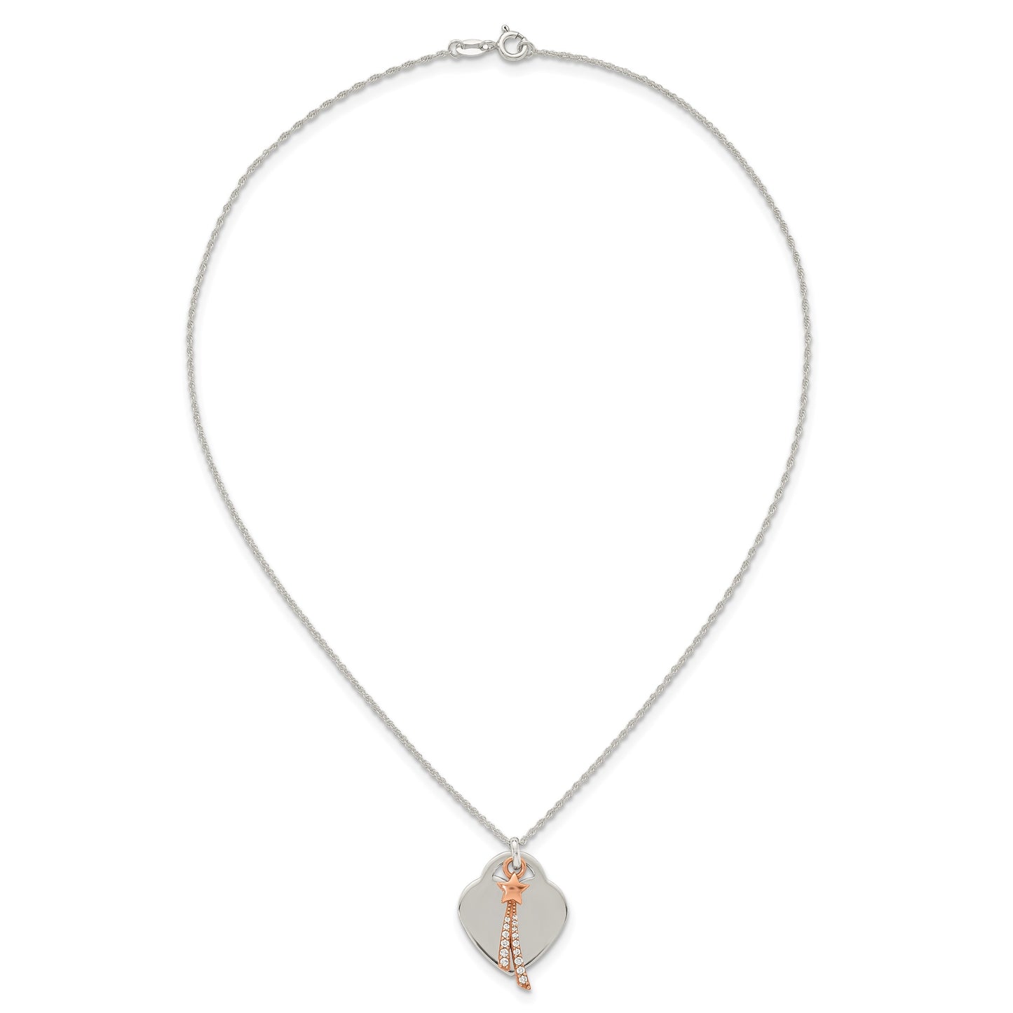 Sterling Silver with Rose-tone Polished White CZ Heart and Shooting Star Dangle 16 inch Necklace
