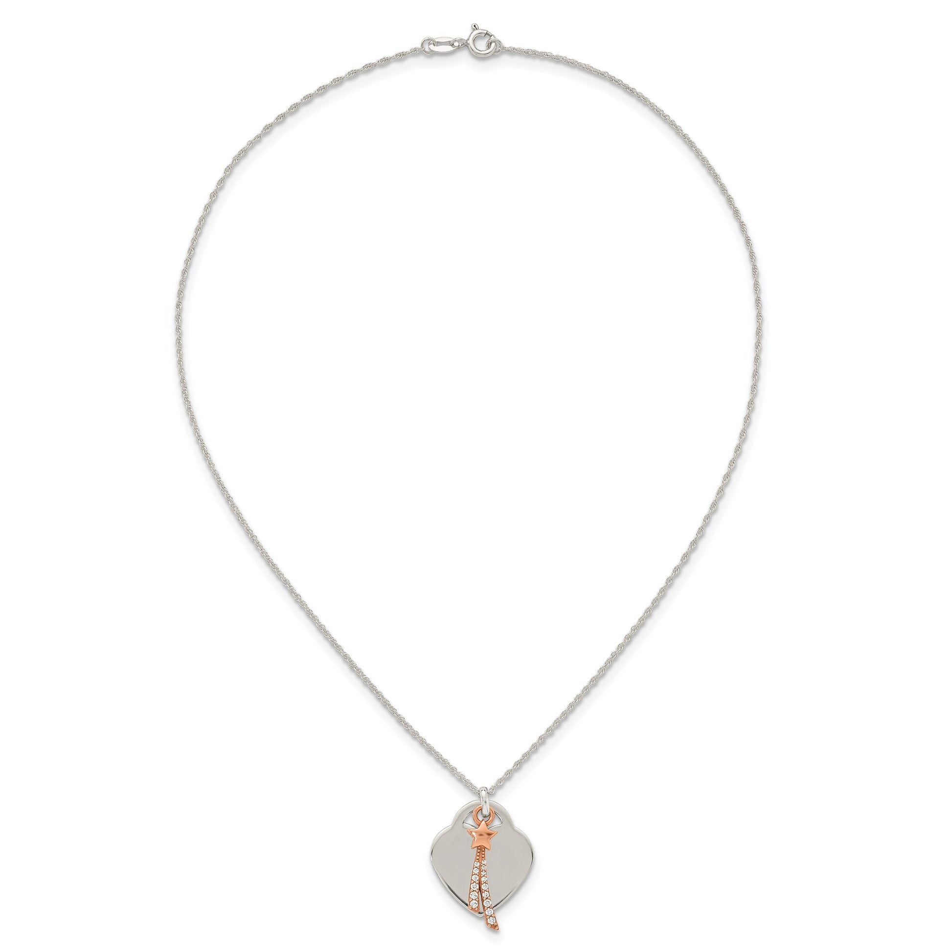 Sterling Silver with Rose-tone Polished White CZ Heart and Shooting Star Dangle 16 inch Necklace