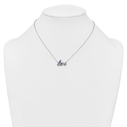 Sterling Silver Rhodium-plated Polished Multicolor CZ LOVE 16 Inch with 2 Inch Extension Necklace