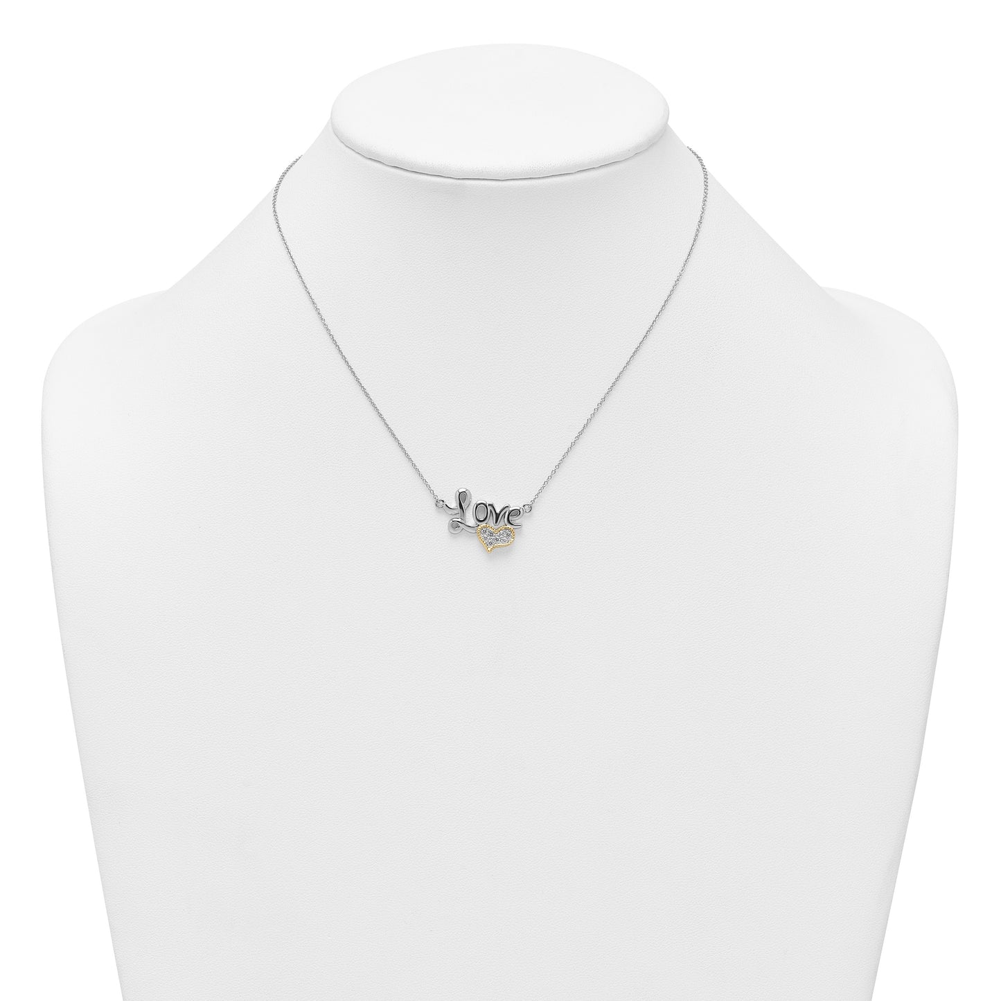 Sterling Silver Rhodium-plated with 14k Accent Polished CZ Love with Heart 16 inch with 2 inch Extension Necklace