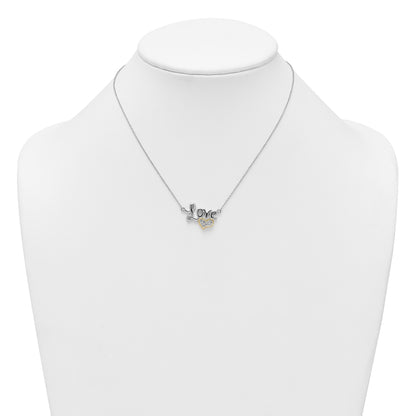 Sterling Silver Rhodium-plated with 14k Accent Polished CZ Love with Heart 16 inch with 2 inch Extension Necklace