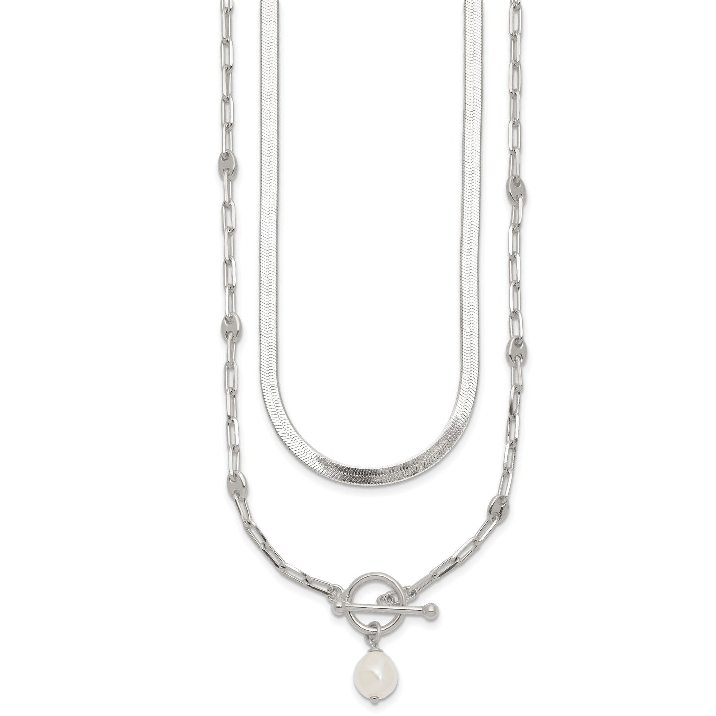 Sterling Silver Polished Baroque White Crystal Pearl Multi-strand 14 inch with 2 inch Extension Necklace