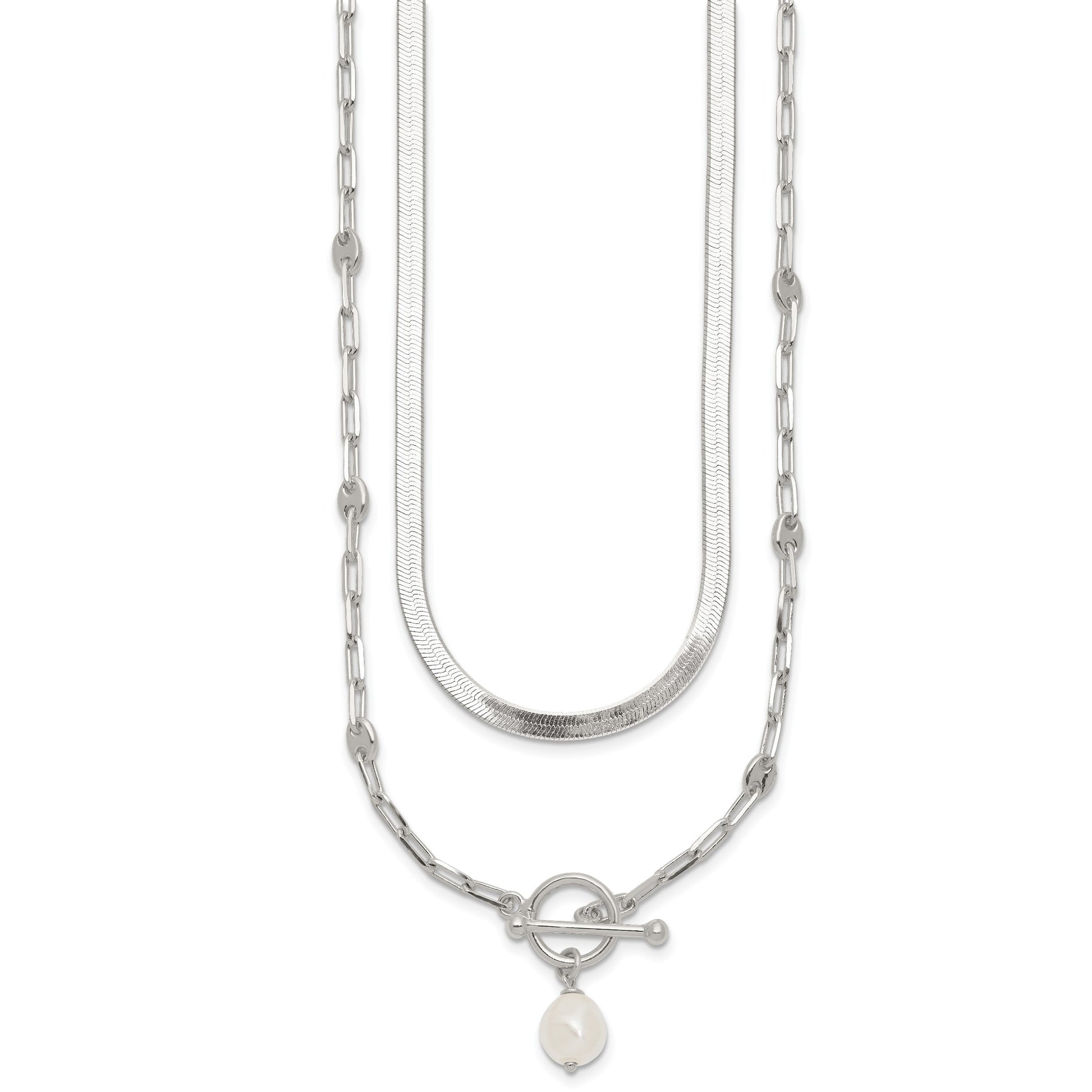 Sterling Silver Polished Baroque White Crystal Pearl Multi-strand 14 inch with 2 inch Extension Necklace