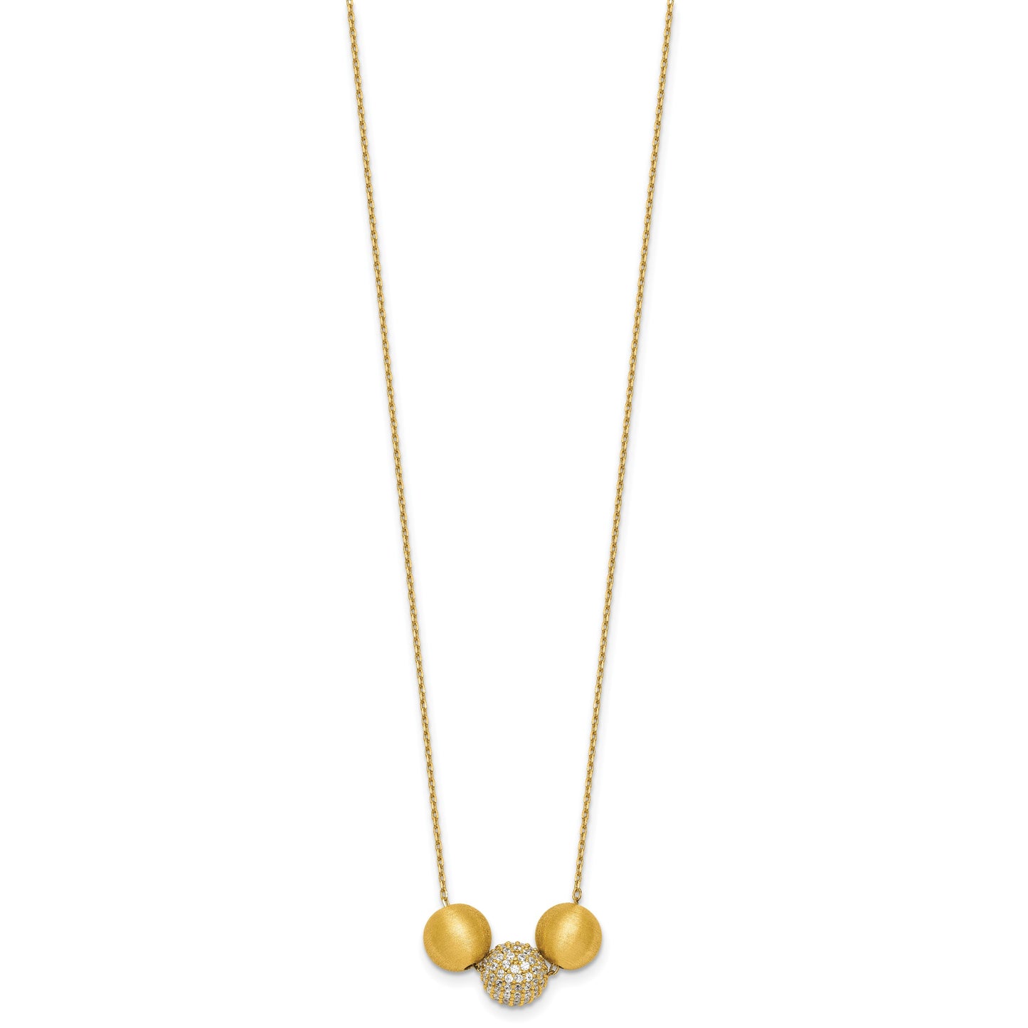 Sterling Silver Gold-Tone Polished and Brushed CZ Beads 16 Inch with 2 Inch Extension Necklace