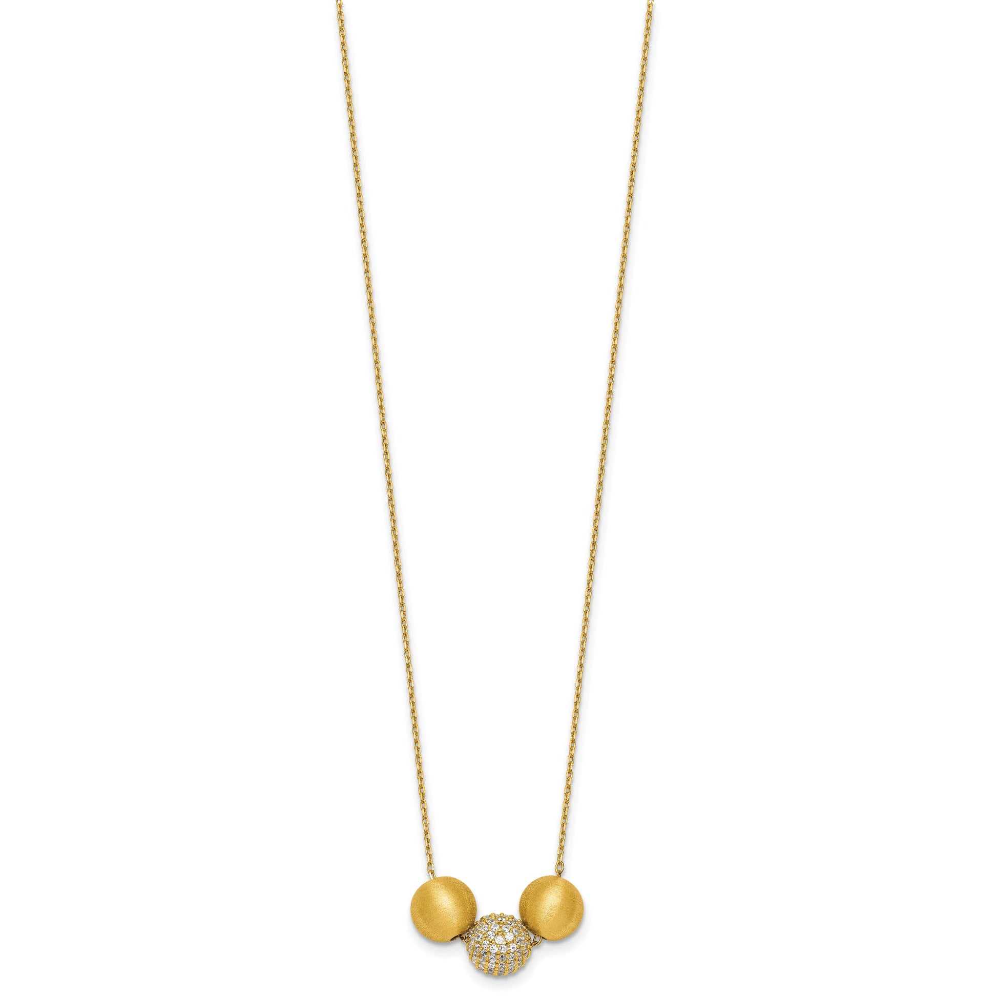 Sterling Silver Gold-Tone Polished and Brushed CZ Beads 16 Inch with 2 Inch Extension Necklace