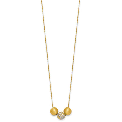 Sterling Silver Gold-Tone Polished and Brushed CZ Beads 16 Inch with 2 Inch Extension Necklace