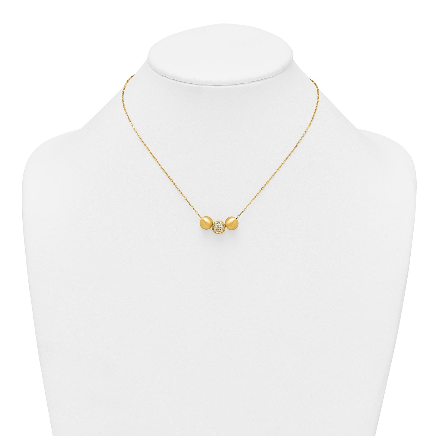Sterling Silver Gold-Tone Polished and Brushed CZ Beads 16 Inch with 2 Inch Extension Necklace