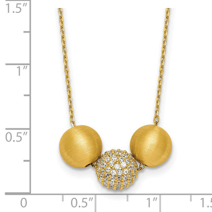 Sterling Silver Gold-Tone Polished and Brushed CZ Beads 16 Inch with 2 Inch Extension Necklace