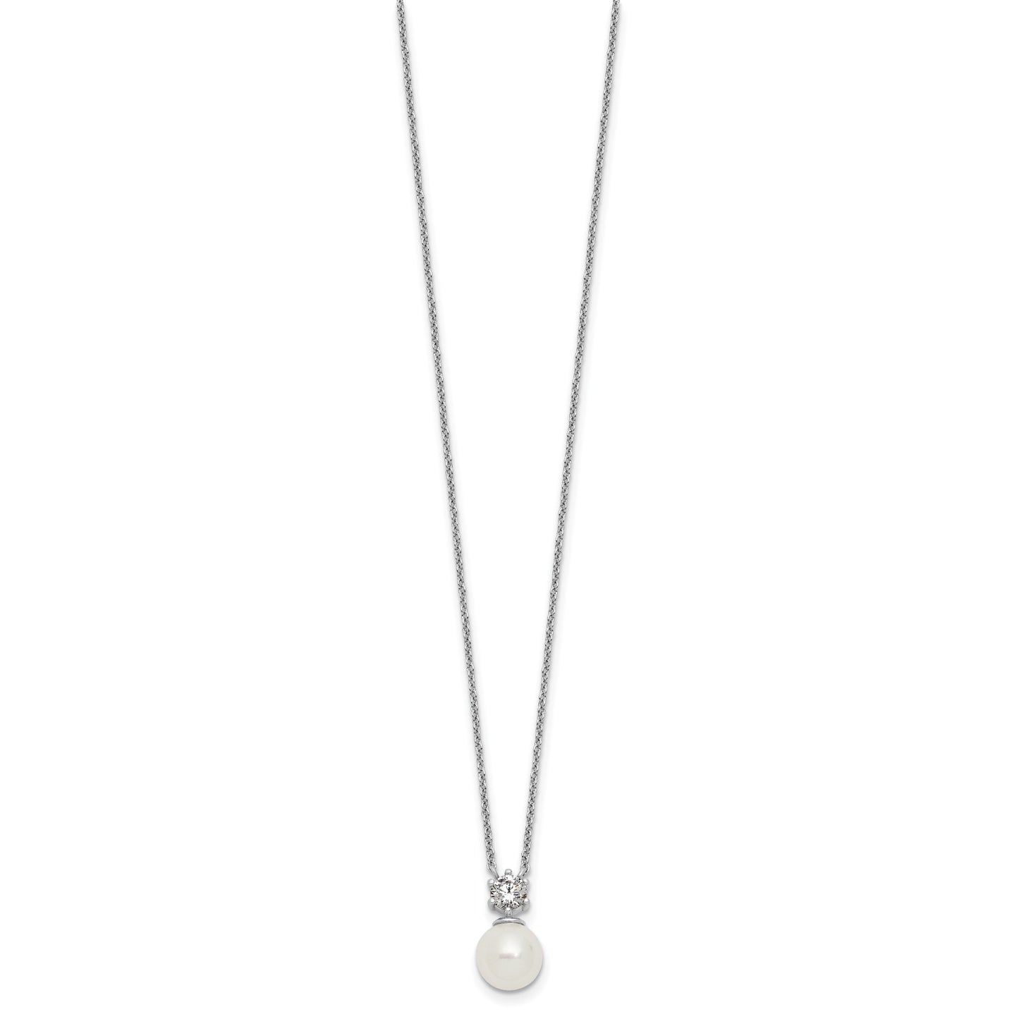 Sterling Silver Rhodium-plated Polished CZ and 7-8mm Shell Pearl 15.5 inch with 2 inch Extender Necklace