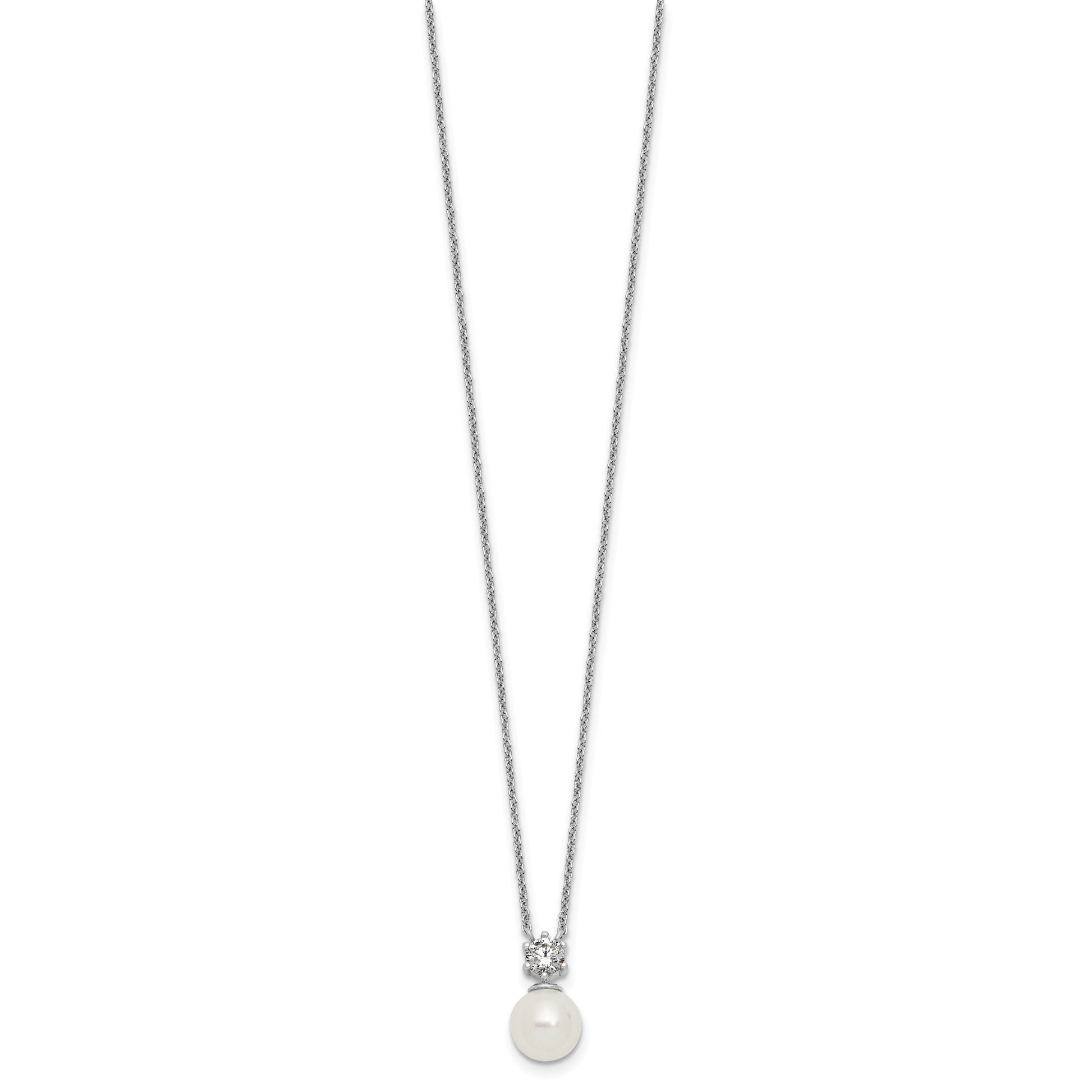 Sterling Silver Rhodium-plated Polished CZ and 7-8mm Shell Pearl 15.5 inch with 2 inch Extender Necklace